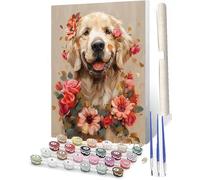 WMZPOY Paint by Number for AdultsBeginner Easy Golden Retriever Colored Flower 068 DIY Oil Painting Kits on Canvas with Brushes and Acrylic PigmentPicture forHome Decor 16x20 inch