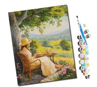 WMZPOY Paint by Numbers Afternoon Tea Break Under The Shade of Trees Abstract for Adults and Kids DIY Oil Painting Gift Kits Pre-Printed Canvas Art Home Decoration 16x20 inch Frameless