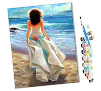 WMZPOY Paint by Numbers Kits for Adults Beginner Girl in a White Skirt at The Beach DIY Oil Painting for Adults on Canvasfor Home Bedroom Living Room Wall Decor Gifts Frameless