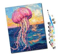 WMZPOY Paint by Numbers Kits for Adults Pink Jellyfish and Sunset Seascape with Brushes and Acrylic Pigment DIY Digital Canvas Painting for Adults Beginner-16X20 Inch Frameless