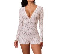 WNBHHDZT Fashion Print Playsuits Sexy Long Sleeve Low Chest V Neck Button Half Cardigan High Waist Women Bodysuit,White,S