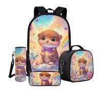 Wnbucioht 4 in 1 Animal Otter School Backpack Set for Kids Girls 6-8 Age,Cute Otter Book Bag with Lunch Box and Pencil Case Little Girls Schoolbag Set with Side Pocket Big Capacity Travel Bag