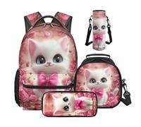 Wnbucioht Animal Cat School Bag Set for Kids Girls Backpack and Lunch Box Set 4 In 1 Adorable Cat Print School Backpack Set with Water Bottle Cover Big Pencil Case for Primary College Student
