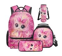 Wnbucioht Animal Cat School Bag Set for Teens Girls Backpack 4 In 1 Cute Cat Print Bookbag Large Capacity Schoolbags Set with Lunchbox Pencil Case Water Bottle Holder for Kindergarten Elementary