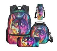 Wnbucioht Animal Wolf School Backpack Set for Kids Boys Teens Bookbag 4 In 1 Colorful Wolf Printed Schoolbags Set with Insulated Lunchbox Big Pencil Case and Children Water Bottle Holder