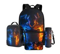 Wnbucioht Animals Wolf Print School Backpack Set for Kids Boys 4 in 1 Water Flame Wolf Bookbag with Lunch Bag Pencil Case Bottle Water Sleeve for Middle School Children Back to School Bag