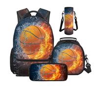 Wnbucioht Basketball Print Backpack For Boys Kids School Bag Set with Lunchbox Pen Case Set of 4 Pcs Flame Basketball School Backpack with Water Bottle Cover Bags Set for Primary Middle Student