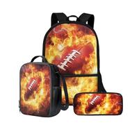 Wnbucioht Boys School Bag Set Flame Rugby Backpack Insulated Lunchbox Pencil Case 3 in 1 Schoolbags Set for Little Girls Teens American Football School Backpack Travel Rucksack