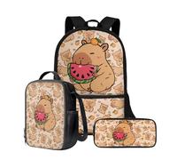 Wnbucioht Capybara Backpack for Kids Girls School Funny School Bag Sets with Lunchbox Pencil Case 3 in 1 Children Back to School Bookbag Watermelon Capybara Rucksack Large Casual Daypack