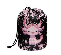 Wnbucioht Cute Axolotl Drawstring Barrel Makeup Bag Women Girls Travel Cosmetic Bags Foldable Travel Stand up Makeup Bag Cherry Blossom Toiletry Bucket Bags Round Organizer
