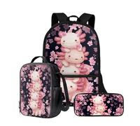Wnbucioht Cute Axolotl School Backpack Set for Little Girls Teens Pink School Bags Sets with Insulated Lunchbox Cute Axolotl Pencil Holder Set Kindergarten Elementary Travel Rucksack