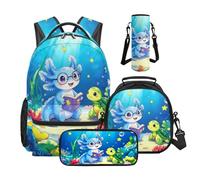 Wnbucioht Cute Axolotl School Bag Set with Lunchbox for Kids Girls Back to School Backpack 4 In 1 Funny Axolotl Print School Bookbag with Water Bottle Bag Pencil Case for Kindergarten Elementary