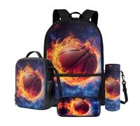 Wnbucioht Flame Basketball Print Backpack Sets for Kids Boys Age 8-12,Basketbal School Bag with Lunch Box Pencil Pouch Water Bottle Holder Backpack of 4 Pcs Large Rucksack