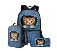 Wnbucioht Funny Cat School Backpack Set for Little Girls Teens Denim Cat Printed School Bags Sets with Insulated Lunchbox Cute Pencil Holder Set Kindergarten Elementary Travel Rucksack