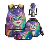 Wnbucioht Galaxy Cat School Bag Set for Kids Teens Animal Backpack and Lunchbags Set 4 In 1 Adorable Cat School Backpack Set with Water Bottle Holder,Big Pencil Case Set for Primary Student