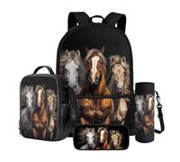 Wnbucioht Kids Backpack Set Animal Horses School Bag for Teens Girls Boys Age 8-12,Funny Horse Print Bookbag with Lunch Box Pencil Pouch Water Bottle Holder Animal Backpack of 4 Pcs Large Rucksack