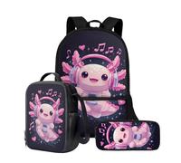 Wnbucioht Kids Girls School Bags Set Pink Music Axolotl Backpack and Lunchbox Set 3 Pcs Children Backpack for School Little Girls 8-12 Axolotl Pencil Case Insulated Lunchbags Set
