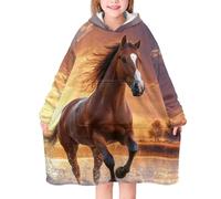 Wnbucioht Kids Hoodie Blanket Animal Horse Print Oversized Hooded Blanket with Big Pocket Brown Horse Wearable Blanket for Boys Girls Cute Long Sleeve Pullover Tops