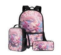 Wnbucioht Little Girls Bookbag for School Kids 5-8 Cute Axolotl Print Backpack School Book Bag Insulated Lunchbox Pencil Case 3 Pcs Cherry Blossom Axolotl Schoolbags Set