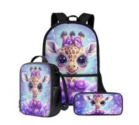 Wnbucioht Little Girls School Bookbag Kawai Animal Giraffe Print Backpack for School Girls Toddler Rucksack Schoolbags Set with Insulated Lunchbox Pencil Case Kindergarten Elementary School Backpack