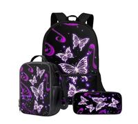 Wnbucioht Little Girls School Bookbag Set with Lunchbox Pen Bag Purple Butterfly Print Backpack for School Toddler Girls 5-8 Cute Schoolbags Set Kindergarten Elementary Casual Daypack with Padd Strap