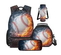 Wnbucioht Teens Boys School Backpack Baseball Print Schoolbags Set with Lunch Box Pencil Case 4 In 1 Large Capacity Rucksack Travelbag Flame Baseball School Book Bags Set for Kids Adult