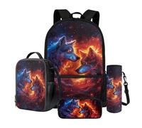 Wnbucioht Water Flame Wolf Backpack for School Boys Girls,4 in 1 Animal Wolf Schoolbag with Lunch Bag Set and Water Bottle Sleeve for Elementary Middle School Bookbag