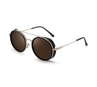 WNCKSQ Men Women Steampunk Round Sunglasses Vintage Metal Frame Double Bridge Sunglasses,Black Brown,1
