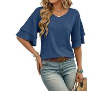 WNEEDU Blouses for Women UK Ruffle Sleeve V Neck Ladies T Shirts 3/4 Sleeve Summer Tops Flowy Spring Summer Fall Casual Shirt Tunic Lake Blue M