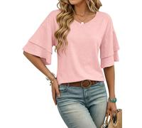 WNEEDU Blouses for Women UK Ruffle Sleeve V Neck Ladies T Shirts 3/4 Sleeve Summer Tops Flowy Spring Summer Fall Casual Shirt Tunic Light Pink S