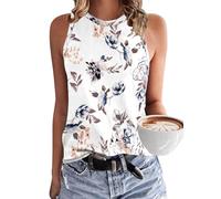WNEEDU Ladies Summer Vest Tank Tops Crew Neck Loose Fit Sleeveless Long Shirts White Flower XL