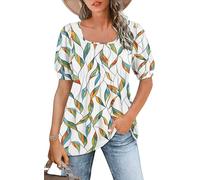 WNEEDU Ladies Tops Square Neck T Shirts for Women UK Summer Puff Short Sleeve Blouses Pleated Tunic Tshirts Flowy Elegant Casual Tee Blue Yellow Dye Leaf XXL