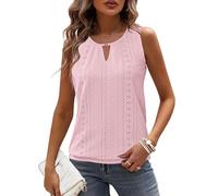 WNEEDU Ladies Tops Summer Eyelet Embroidery Vest Tops Women UK V Neck Sleeveless Tank Top Women Keyhole Blouse Shirts Pink 2XL