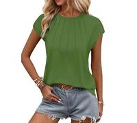 WNEEDU Ladies Tops Summer T-Shirt for Women UK Casual Blouse Leisure Pleated Round Neck Tank Top Army Green XL