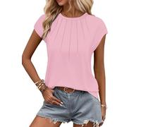 WNEEDU Ladies Tops Summer T-Shirt for Women UK Casual Blouse Leisure Pleated Round Neck Tank Top Pink M