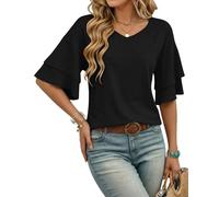 WNEEDU Plus Size Black Womens Tops V Neck Ruffle Sleeve Ladies Blouses Short Bell Sleeve T Shirts for Women UK Spring Summer Fall Casual Shirt Tunic 3XL