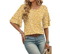 WNEEDU Plus Size T Shirts for Women UK V Neck Ruffle Sleeve Ladies Blouses Half Sleeve Tshirt Beach Holiday Vacation Loose Casual Tunic Tops Yellow Floral 3XL