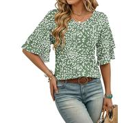 WNEEDU Ruffle Sleeve Ladies T Shirts for Women UK V Neck Short Sleeve Blouses Elegant Smart Loose Flowy Summer Tops Flyleaf Olive M