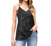 WNEEDU Sparkly Tops for Women UK V Neck Sleeveless Glitter Tops Elegant Slim Sequins Spaghetti Strap Tank Vests Shirts Blouses Shiny Black M