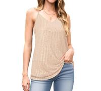 WNEEDU Sparkly Tops for Women UK V Neck Sleeveless Glitter Tops Elegant Slim Sequins Spaghetti Strap Tank Vests Shirts Blouses Shiny Champagne M
