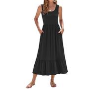 WNEEDU Summer Dresses Women UK Sleeveless Maxi Dresses Women U Neck Ladies Long Beach Dress Empire Waist Sundresses with Pockets Black M