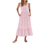 WNEEDU Summer Dresses Women UK Sleeveless Maxi Dresses Women U Neck Ladies Long Beach Dress Empire Waist Sundresses with Pockets Pink Spot M