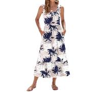 WNEEDU Summer Dresses Women UK Sleeveless Maxi Dresses Women U Neck Ladies Long Beach Dress Empire Waist Sundresses with Pockets Apricot Rose Leaf M