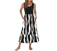WNEEDU Summer Dresses Women UK Sleeveless Maxi Dresses Women U Neck Ladies Long Beach Dress Empire Waist Sundresses with Pockets Black Stripes S