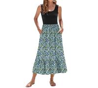 WNEEDU Summer Dresses Women UK Sleeveless Maxi Dresses Women U Neck Ladies Long Beach Dress Empire Waist Sundresses with Pockets Blue Green Flower XL