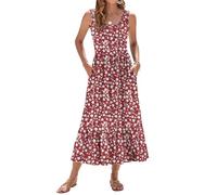 WNEEDU Summer Dresses Women UK Sleeveless Maxi Dresses Women U Neck Ladies Long Beach Dress Empire Waist Sundresses with Pockets Red Flower M