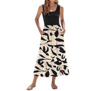WNEEDU Summer Dresses Women UK Sleeveless Maxi Dresses Women U Neck Ladies Long Beach Dress Empire Waist Sundresses with Pockets Black Leaf Black L