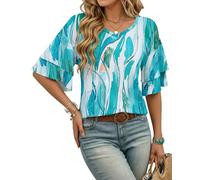 WNEEDU T Shirts for Women UK V Neck Ruffle Sleeve Ladies Blouses Half Sleeve Tshirt Beach Holiday Vacation Loose Casual Tunic Tops Turquoise Flow Charm XL