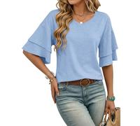 WNEEDU T Shirts for Women UK V Neck Ruffle Sleeve Ladies Blouses Half Sleeve Tshirt Beach Holiday Vacation Loose Casual Tunic Tops Light Blue L