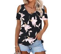 WNEEDU Women Summer Cold Shoulder Tops V Neck Short Sleeve Casual T Shirt Morning Glory L